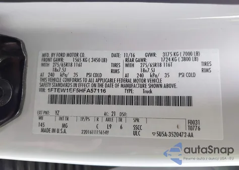 2017 Ford F-150 Xlt z USA, uszkodzony, nr VIN 1FTEW1EF5HFA57116